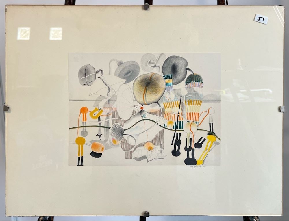 Coloured Drawing signed Jan Vriesen 70', 8 x 11", "Surreal Landscape".: Coloured Drawing signed Jan Vriesen 70', 8 x 11", "Surreal Landscape".