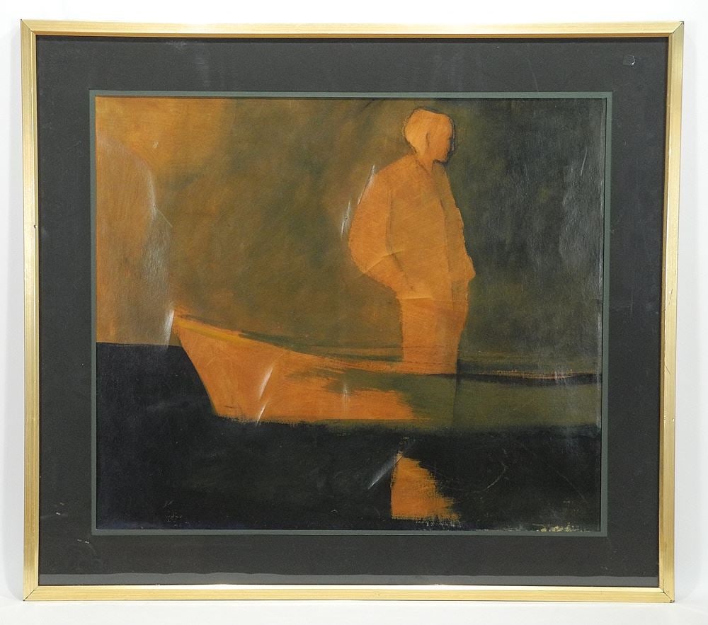 Gouache & Wax Attributed to Richard Ciccimarra, 23 1/2 x 27 1/2", "Boy in Boat", C.1964/65. (1 of 6)