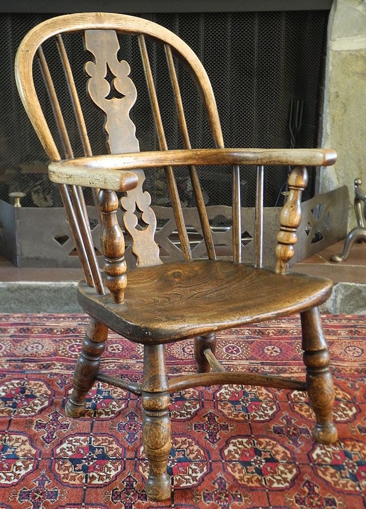 19th C. Child's Elm & Yew Windsor Armchair with Crinoline Stretcher, 25"h. (1 of 7)