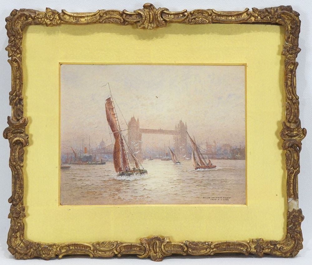 Watercolour signed Fred E.J. Goff, 4 3/4 x 6 1/4", "Below The Tower Bridge".: Watercolour signed Fred E.J. Goff, 4 3/4 x 6 1/4", "Below The Tower Bridge".
