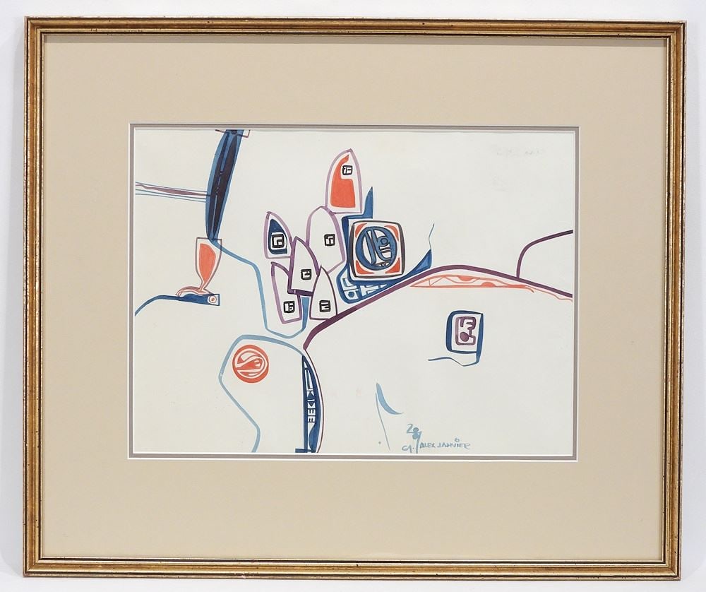 Watercolour signed Alex Janvier '64, 10 5/8 x 14 1/4", "Night Out", AJ64046.: Watercolour signed Alex Janvier '64, 10 5/8 x 14 1/4", "Night Out", AJ64046.