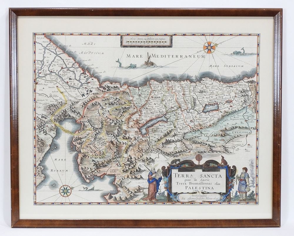 1629 Hand Coloured Willem Blaeuw Map of The Promised Land/Palestine, 15 x 19 3/4".: 1629 Hand Coloured Willem Blaeuw Map of The Promised Land/Palestine, 15 x 19 3/4".
