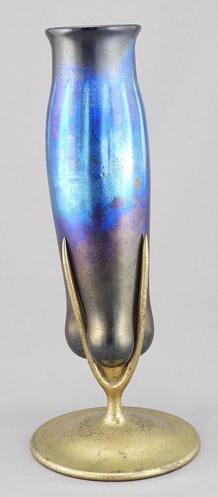 Tiffany Studios New York Favrile Glass Vase on Bronze Base, 12"h. (1 of 13)