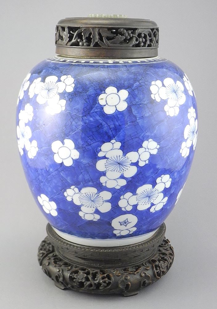Kangxi Period Blue & White "Cracked Ice and Prunus" Jar, 11 1/2" with Stand & Lid.: Kangxi Period Blue & White "Cracked Ice and Prunus" Jar, 11 1/2" with Stand & Lid.