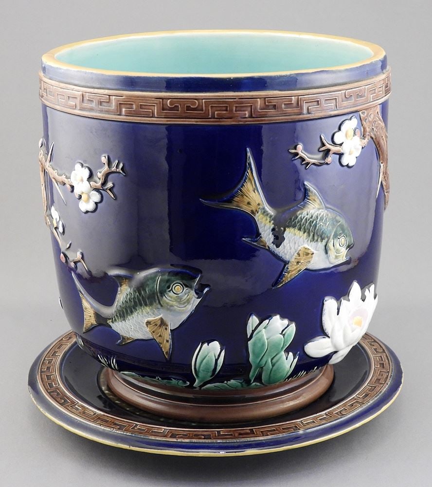 Joseph Holdcroft Majolica Jardiniere on Stand, 8 3/4"h, "Modele Resereve Exclusivement". (1 of 7)