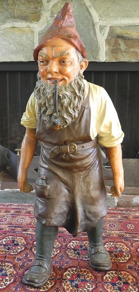 19th C. Painted Terracotta Gnome signed JM (Johann) Maresch, 34".: 19th C. Painted Terracotta Gnome signed JM (Johann) Maresch, 34".