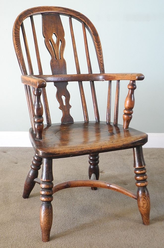 19th C. Child's Elm & Yew Windsor Armchair, 28". (1 of 8)