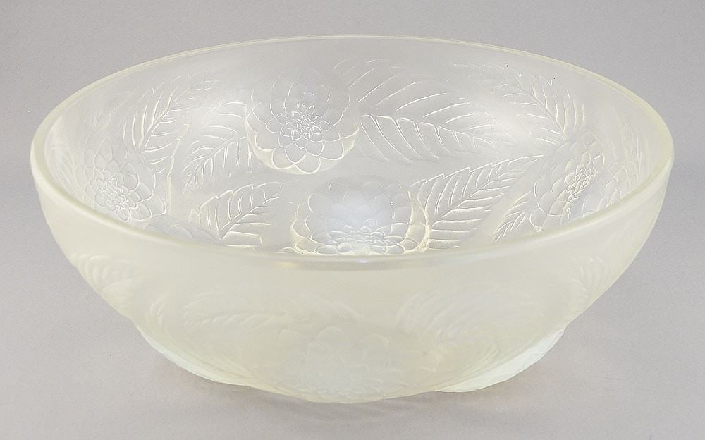 R. Lalique France "Dahlias" Bowl, No.3201, 3 5/8 x 9 3/8" Diameter. (1 of 6)