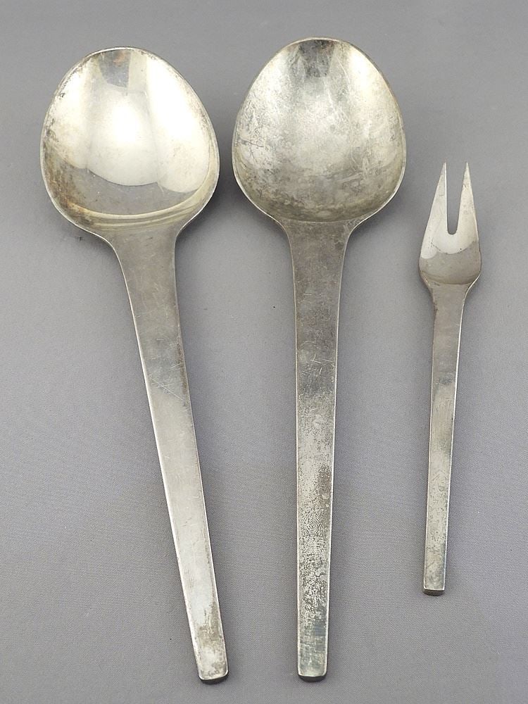 Three Georg Jensen Caravel Serving Spoons & Fork, Henning Koppel, 8 1/2 & 5 3/4"L, 212g. (1 of 4)