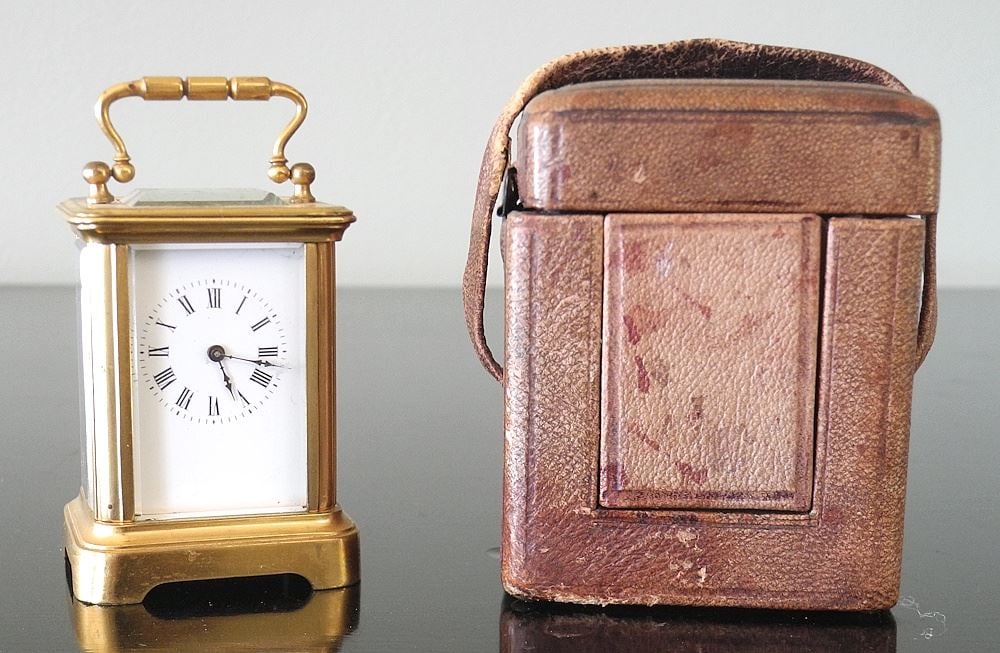 Victorian Miniature Brass Carriage Clock with Case & Key, 3 1/2" to Handle. (1 of 6)