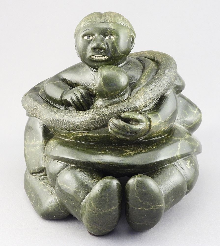 Inuit Stone Carving signed Moses (Aupaluktuk) E-9833, 6 7/8"h, "Seated Mother & Child". (1 of 6)