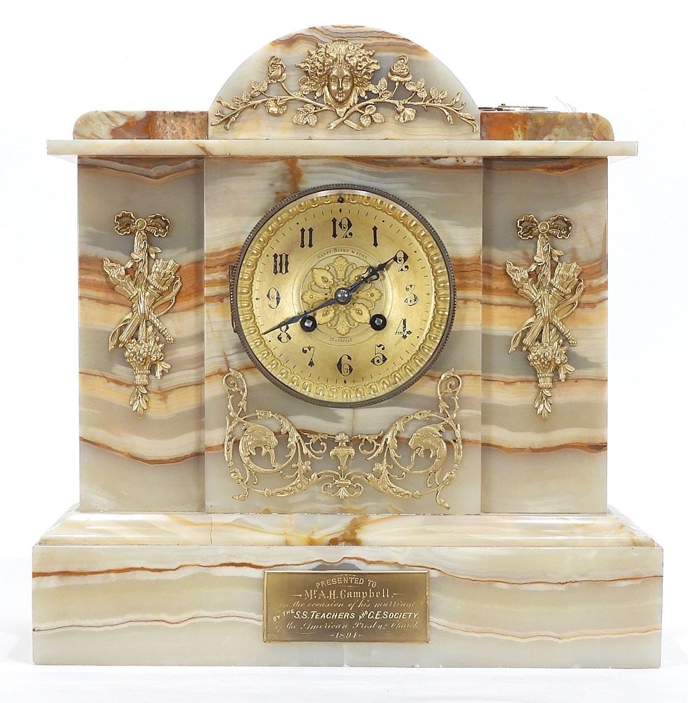 Henry Birks & Sons Montreal Onyx Mantle Clock, 13 1/4 x 13 x 6" with Dedication Plaque. (1 of 7)