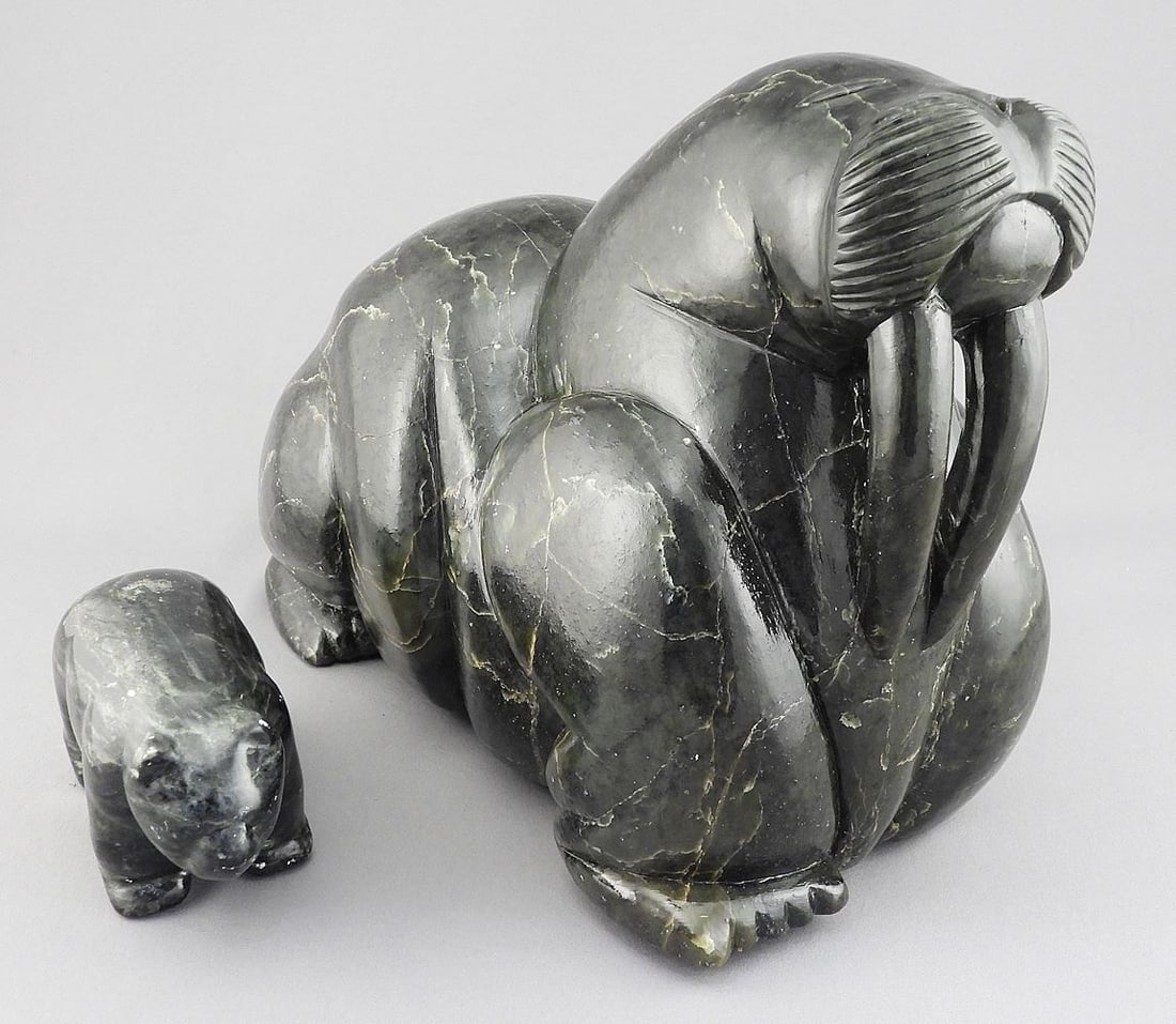 Inuit Greenstone Walrus (7 3/4 x 10 1/2 x 5 3/8") & Greenstone Bear, 4 5/8"L. (1 of 9)
