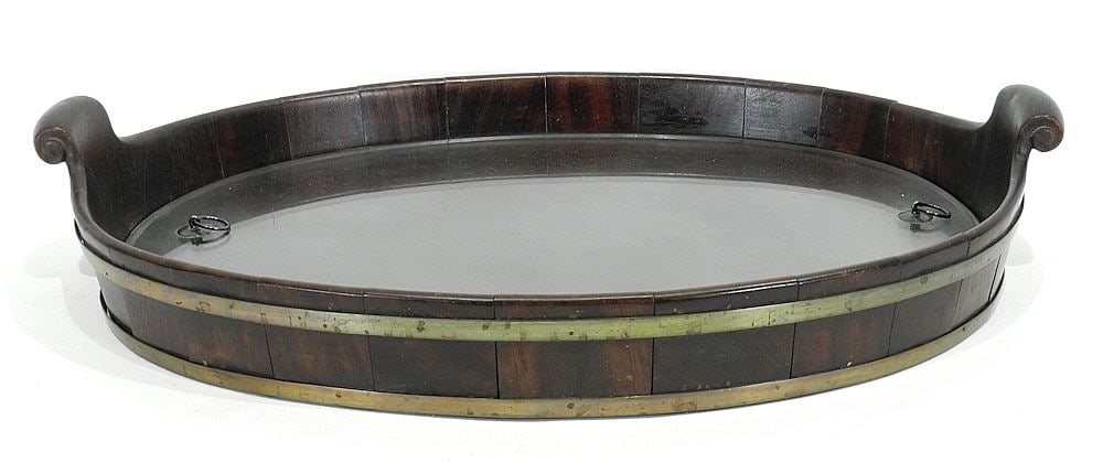 Brass Bound Mahogany Tray with Dutch Silver Mounted Glass Liner, 20 3/4"w (1 of 4)