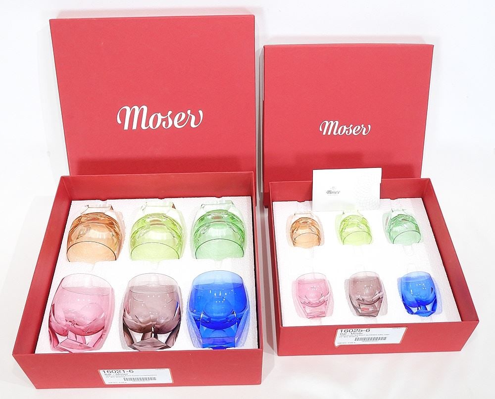 Six Moser Bar Coloured Tumblers & Six Colored Shot Glasses with Original Boxes.: Six Moser Bar Coloured Tumblers & Six Colored Shot Glasses with Original Boxes.
