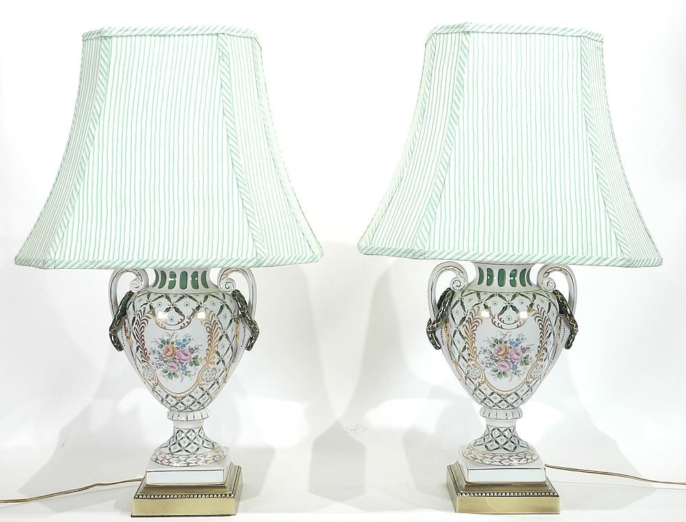 Pair of Dresden Porcelain Table Lamps, TH 26 1/2".: Pair of Dresden Porcelain Table Lamps, TH 26 1/2".