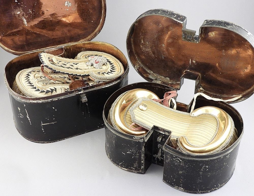 Two Pair of 19th C. Epaulettes (7"L) , in Japanned Metal Boxes, 9 3/4"w.: Two Pair of 19th C. Epaulettes (7"L) , in Japanned Metal Boxes, 9 3/4"w.