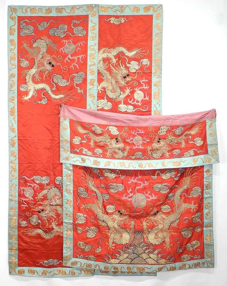 Three Qing Silk Embroidery Altar Panels, 37 x 35".: Three Qing Silk Embroidery Altar Panels, 37 x 35".
