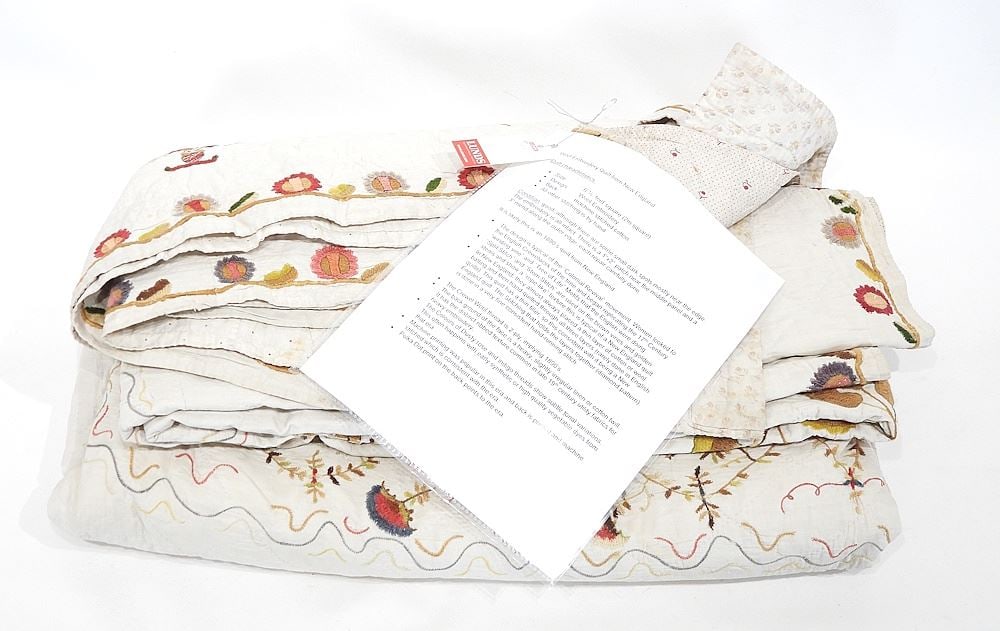 19th C. New England Colonial Revival Crewel Work Quilt, 6'6" x 6'6".: 19th C. New England Colonial Revival Crewel Work Quilt, 6'6" x 6'6".