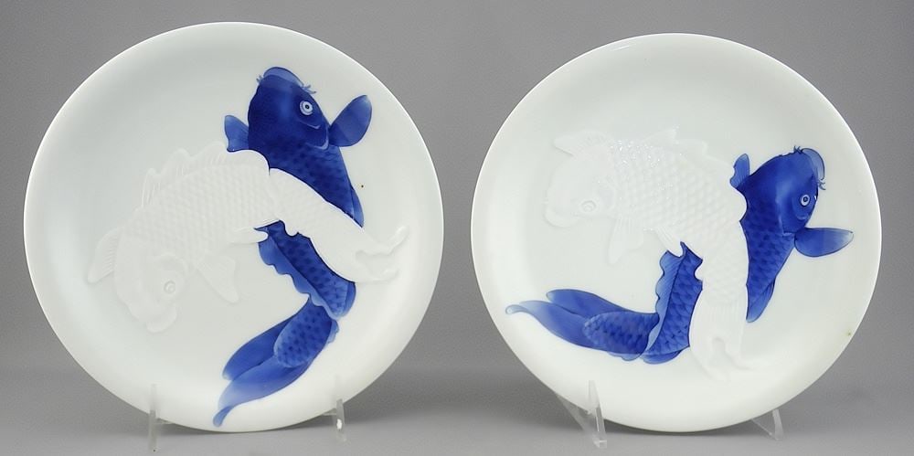 Pair of Fukudaya Hirado Embossed Porcelain Carp Dishes, 8 1/2" Diam.: Pair of Fukudaya Hirado Embossed Porcelain Carp Dishes, 8 1/2" Diam.