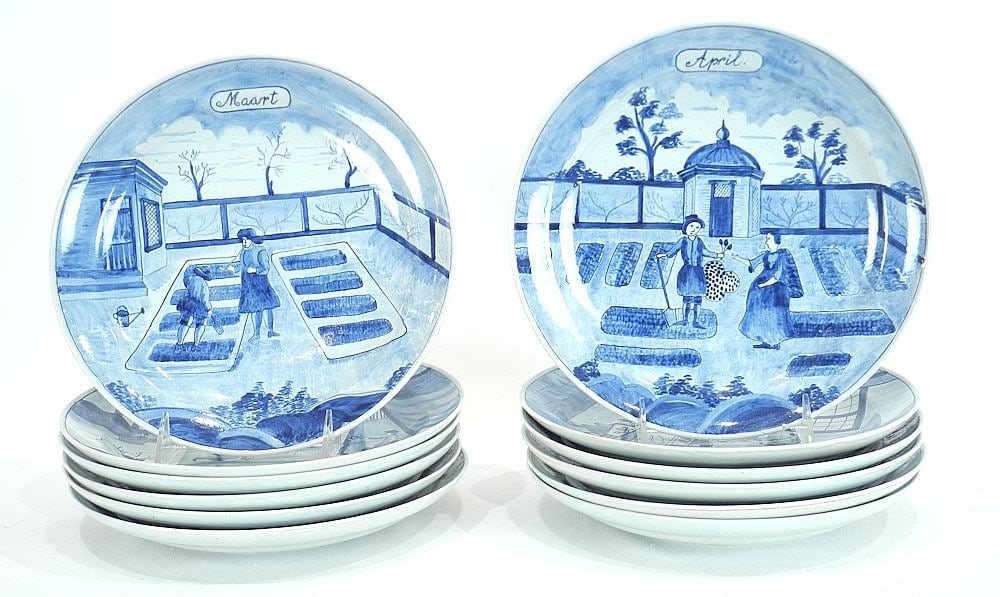 Twelve Antique Dutch Delfts Calendar Plates, 9 3/8" Diameter (April chipped).: Twelve Antique Dutch Delfts Calendar Plates, 9 3/8" Diameter (April chipped).