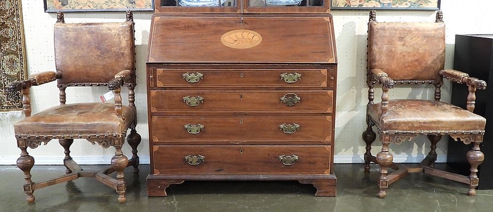 Pair of 17th C. Style Oak Lion Mask Crackle Leather Armchairs, 42"h. (1 of 3)