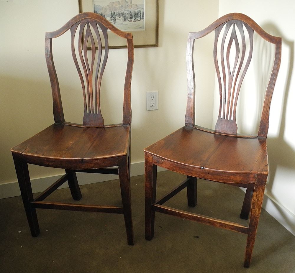 Pair of Georgian Oak & Elm Side Chairs with Saddle Seats, 38"h. (1 of 3)