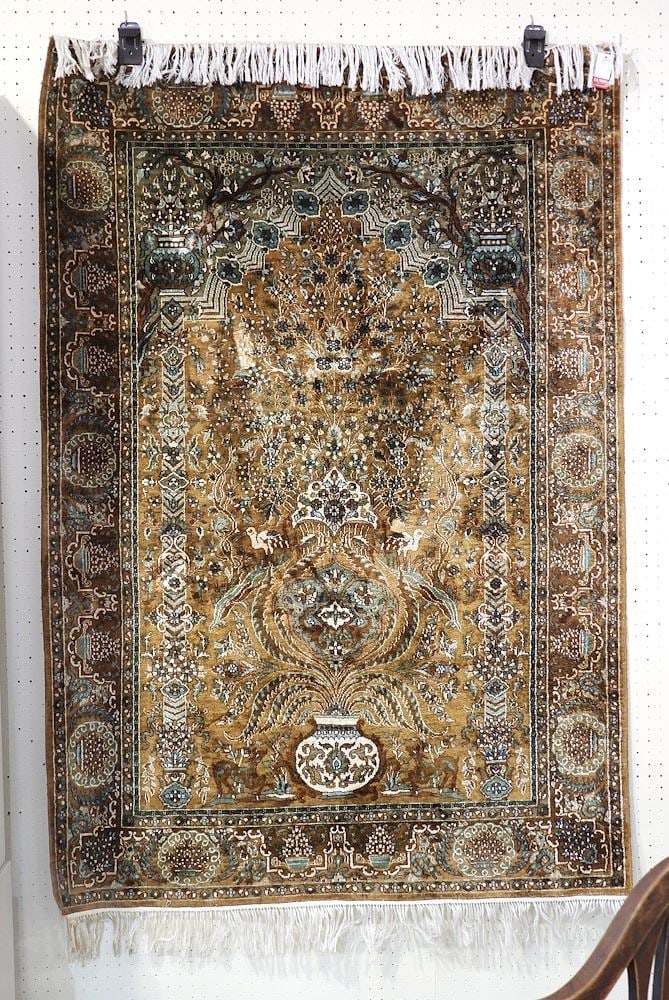 Hand Knotted Silk Carpet Approximately 4'1" x 6'8". (1 of 4)