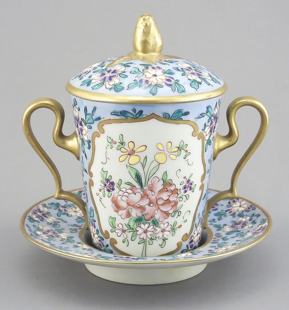 Sevres Style Porcelain Trembleuse Cup & Saucer, 6"h. (1 of 6)