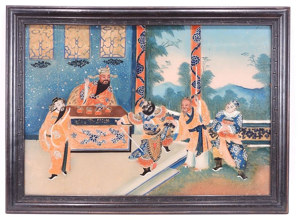 Chinese Reverse Painting on Glass, 13 3/8 x 19 1/4", "Bearded Swordsman". (1 of 7)