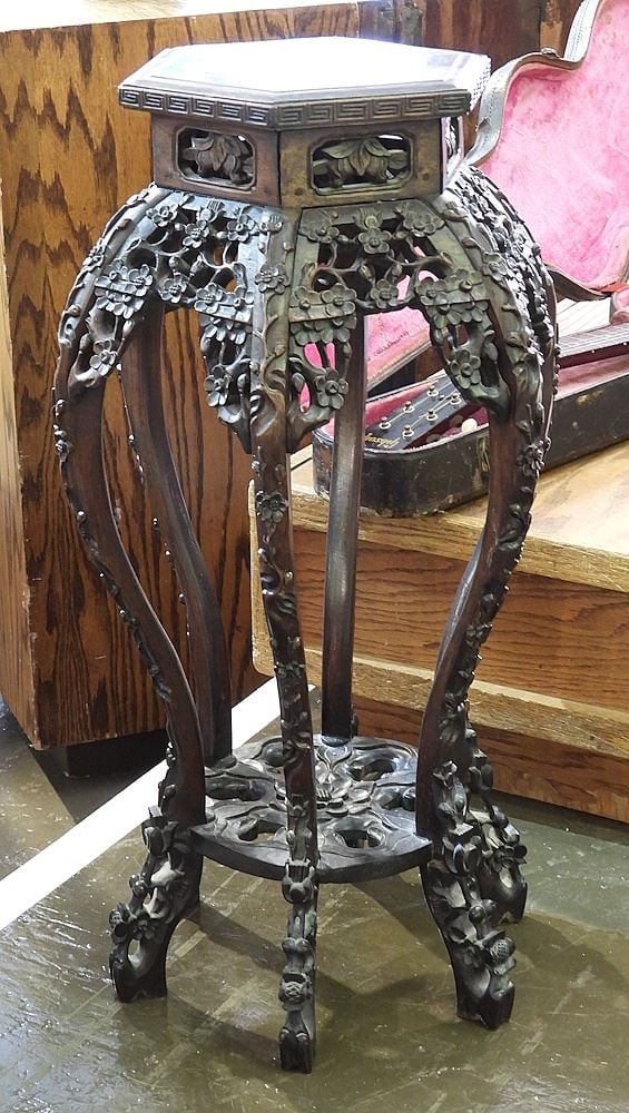 Chinese Carved Hardwood Stone Inset Hexagonal Stand, 31 1/8"h. (1 of 4)