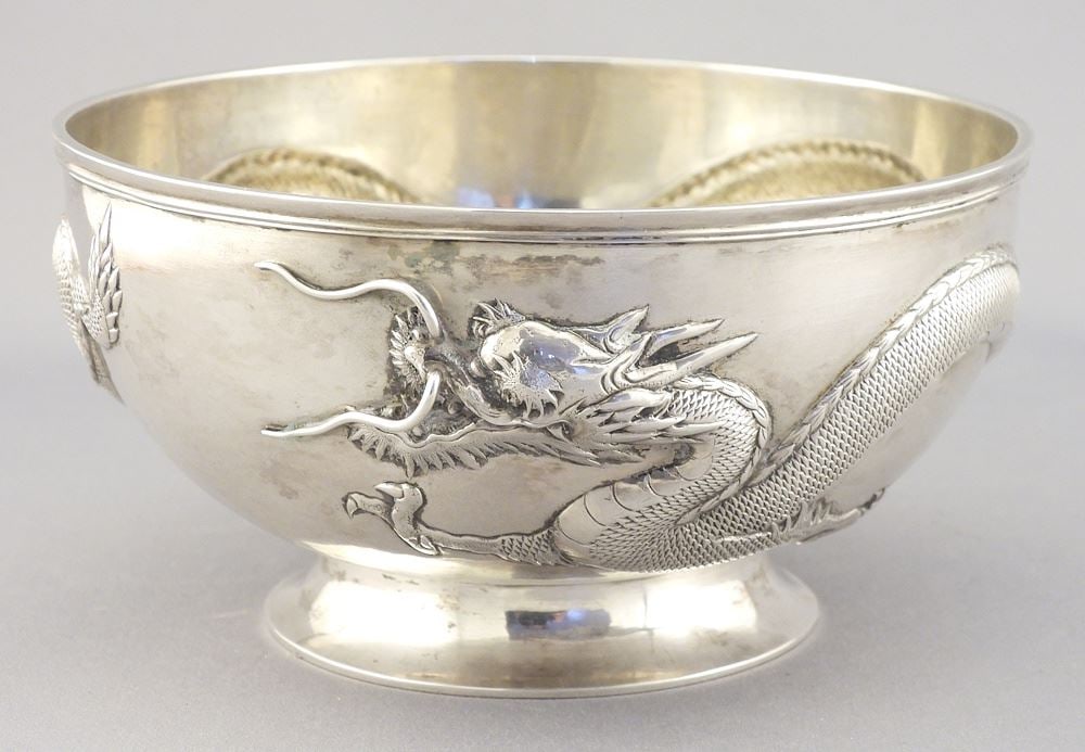 Chinese Export Silver "Dragons" Bowl , Marked CC52, 2 7/8 x 5 1/4" Diam., 218g (poss. Chicheong). (1 of 5)