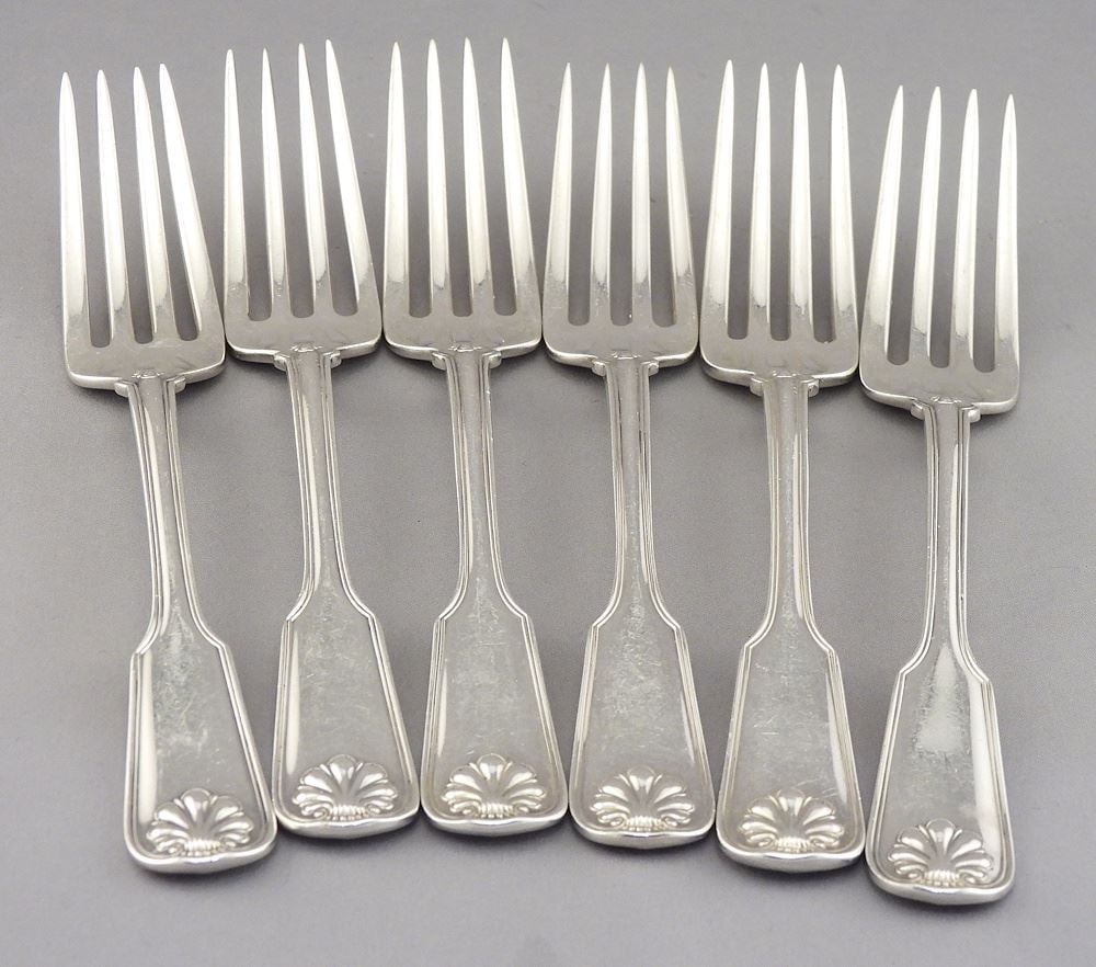 Six Tiffany Sterling English King Pattern Forks, 6 3/4"L, 391g.: Six Tiffany Sterling English King Pattern Forks, 6 3/4"L, 391g.