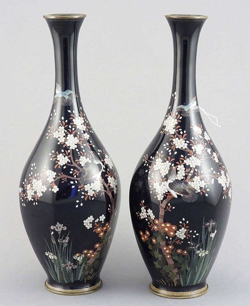 Pair of Japanese Aubergine Ground Cloisonne Vase (9 7/8"h) with Stand: Pair of Japanese Aubergine Ground Cloisonne Vase (9 7/8"h) with Stand