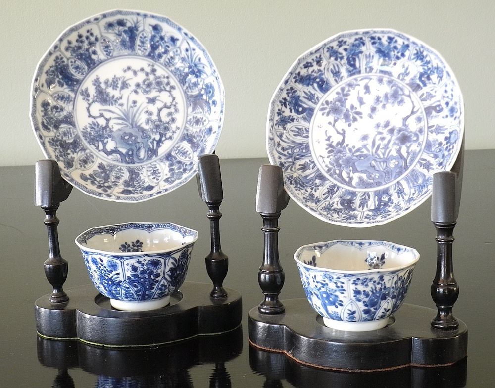 Two Kangxi Blue & White Floral Cups & Saucers, 5 1/2"d on Stands.: Two Kangxi Blue & White Floral Cups & Saucers, 5 1/2"d on Stands.