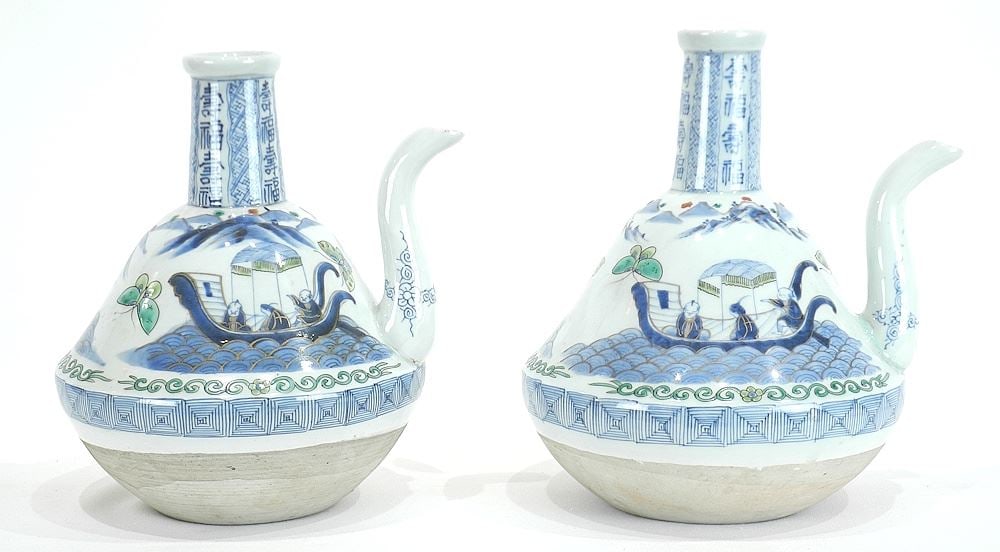 Pair of Japanese Enameled Arita Porcelain Kendi, 9 1/2"h.: Pair of Japanese Enameled Arita Porcelain Kendi, 9 1/2"h.