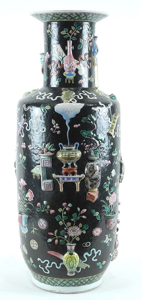 Chinese Black Ground Famille Rose Porcelain "Sacrificial Treasures" Vase, 23"h (minor resto.).: Chinese Black Ground Famille Rose Porcelain "Sacrificial Treasures" Vase, 23"h (minor resto.).