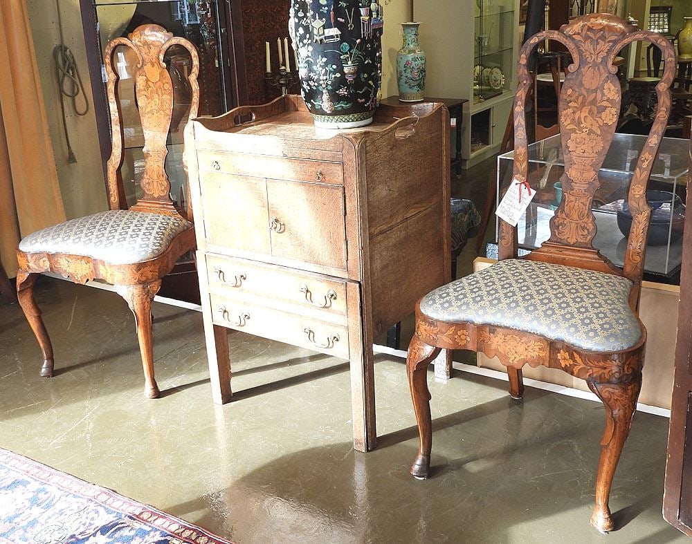 Pair of 18th C. Dutch Walnut Marquetry Side Chairs C.1760-70 with Silk Upholstery, 41"h (1 of 6)