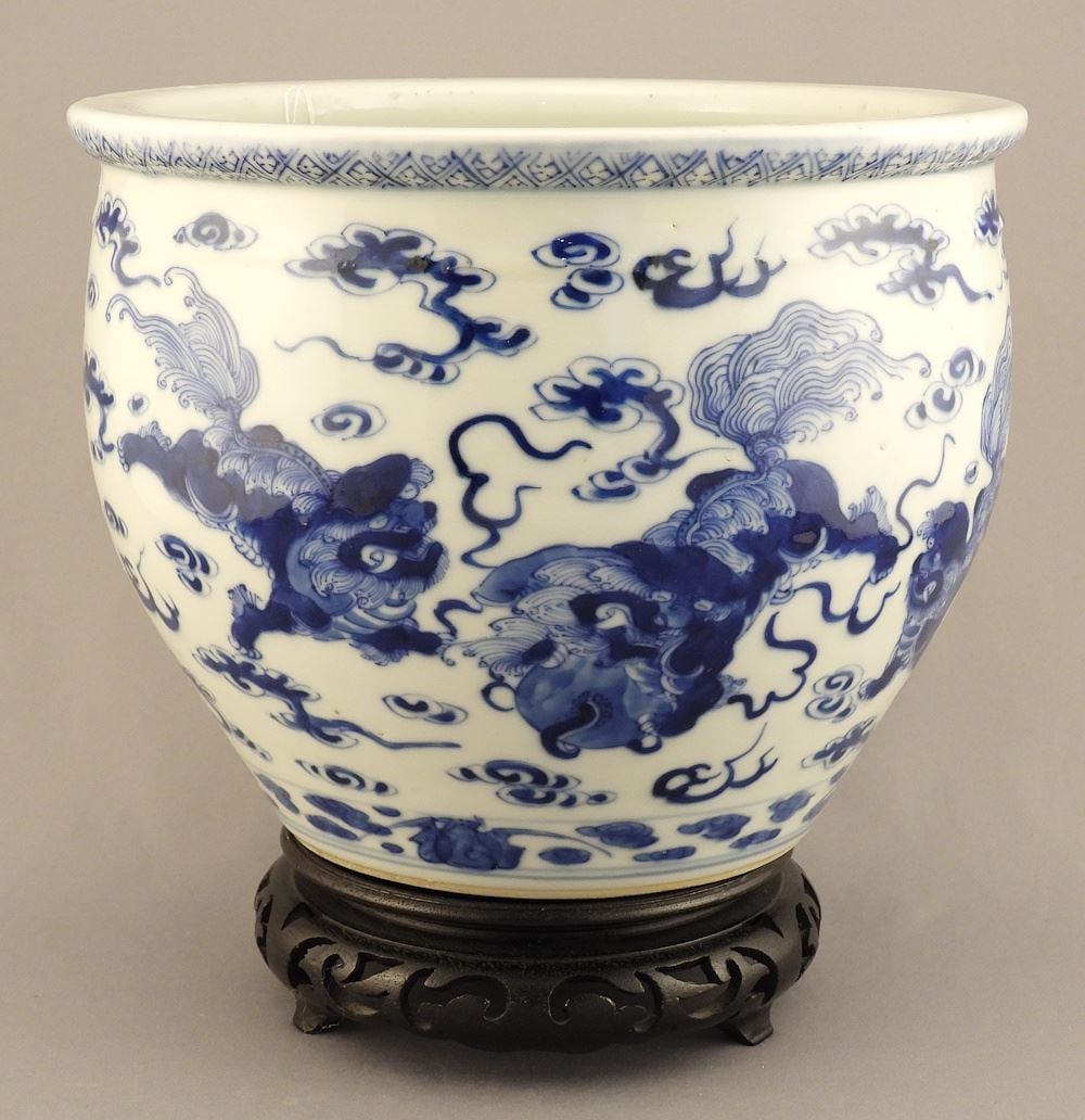 Chinese Blue & White Porcelain "Lion Dogs" Jardiniere, Kangxi Mark, 6 1/2"h w/stand. (1 of 7)