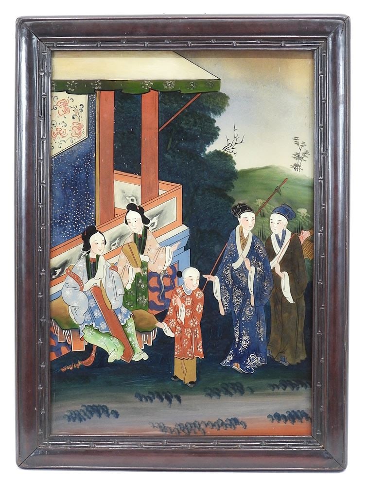 Chinese Reverse Painting on Glass, 19 1/4 x 13 1/8", "Figures Outside Pavillion". (1 of 8)