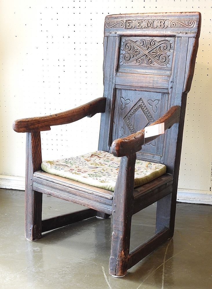 17th C. Carved & Monogrammed Oak Low Chair, 33"h. (1 of 6)