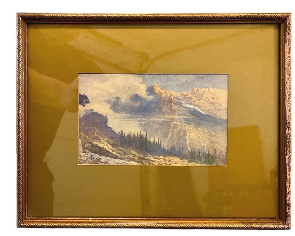 Watercolour signed A. H. Parker 4 3/4 x 7 3/4" "Mountain Scene".: Watercolour signed A. H. Parker 4 3/4 x 7 3/4" "Mountain Scene".
