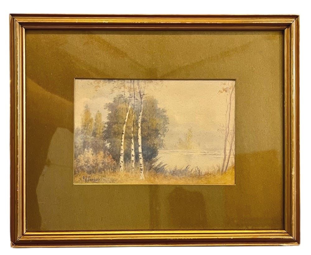 Watercolour signed A H Parker, 5 1/2 x 8 1/4" "Lakeside".: Watercolour signed A H Parker, 5 1/2 x 8 1/4" "Lakeside".