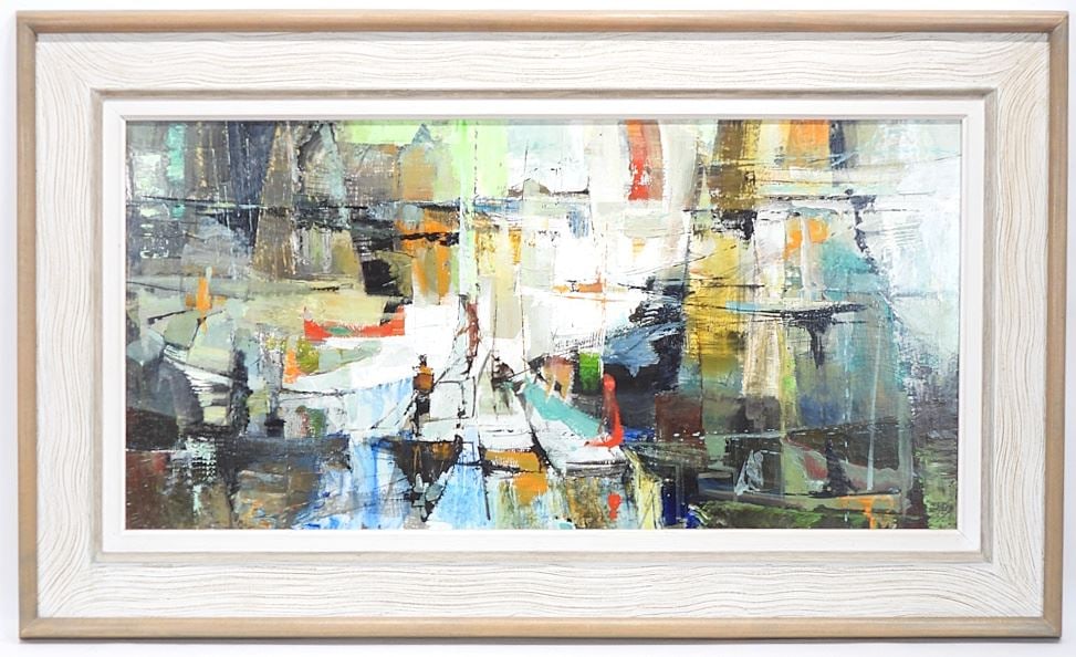 Acrylic on Board signed Adrian Dingle, 17 1/2 x 35 1/2", "Reunion in Rockport" #1640.: Acrylic on Board signed Adrian Dingle, 17 1/2 x 35 1/2", "Reunion in Rockport" #1640.