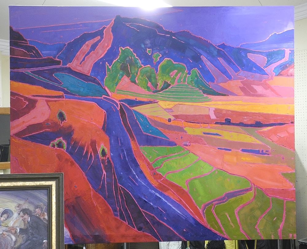 Acrylic on Canvas signed Zaw Win Pei , 59 x 72", "Fauvist Mountainscape". -: Acrylic on Canvas signed Zaw Win Pei , 59 x 72", "Fauvist Mountainscape". -