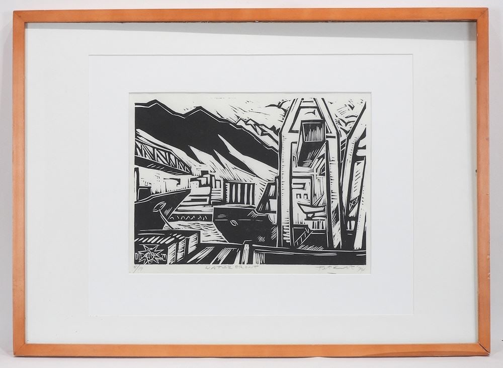 Block Print signed (Richard) Tetrault '94, 10 3/4 x 14 1/2", "Water Front".: Block Print signed (Richard) Tetrault '94, 10 3/4 x 14 1/2", "Water Front".