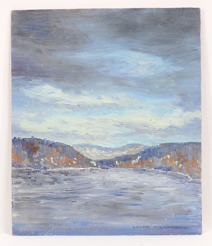 Oil on Masonite signed Leyda Campbell, 12 x 10", "Made Up Lake Edge", Unframed.: Oil on Masonite signed Leyda Campbell, 12 x 10", "Made Up Lake Edge", Unframed.