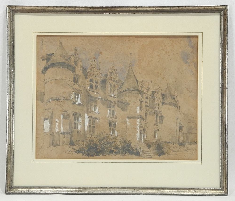 Signed Indistinctly, 9 x 11 3/4", "Old House with Turrets" (acquired Munich, foxing noted).: Signed Indistinctly, 9 x 11 3/4", "Old House with Turrets" (acquired Munich, foxing noted).