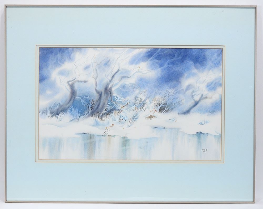 Watercolour signed (Mike) Svob, 12 3/8 x 20 1/2", "Pond's Edge Winter".: Watercolour signed (Mike) Svob, 12 3/8 x 20 1/2", "Pond's Edge Winter".