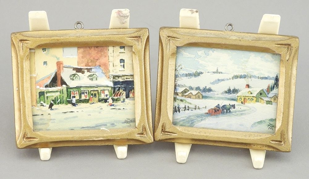 Two Miniature Watercolours signed WMM (William Morse Mitchell), 1 3/4 x 2 1/4", "Bookstore" &... (1 of 6)